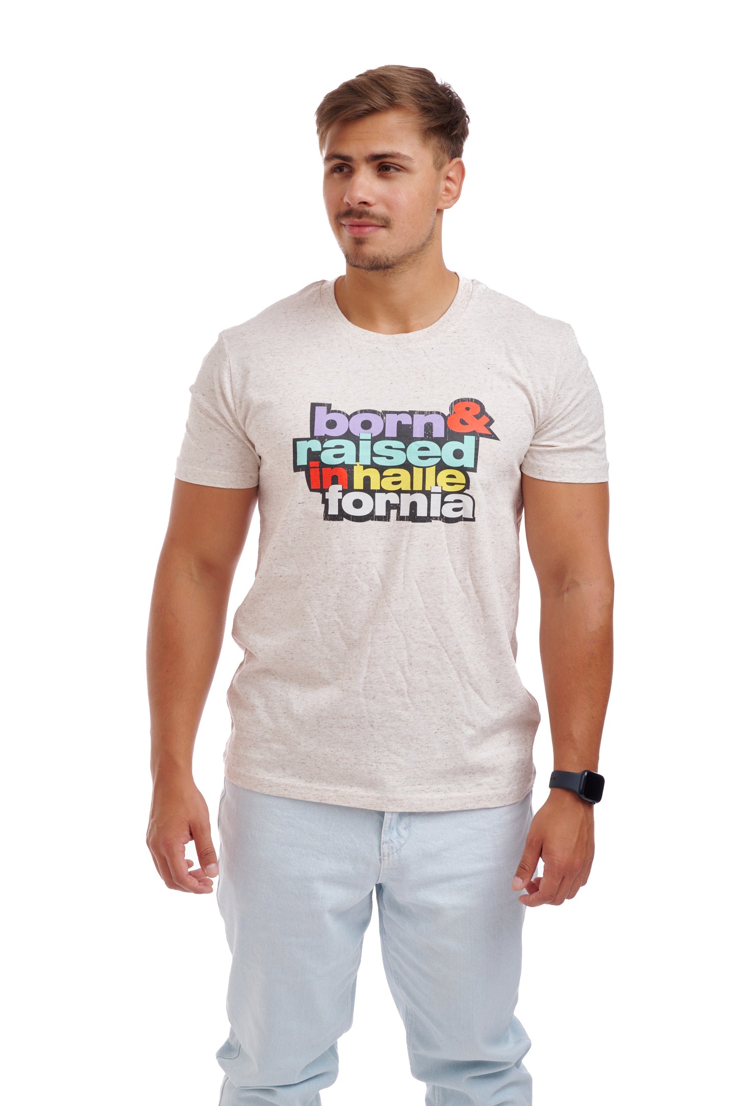 Born & Raised in Hallefornia Tee White Heather